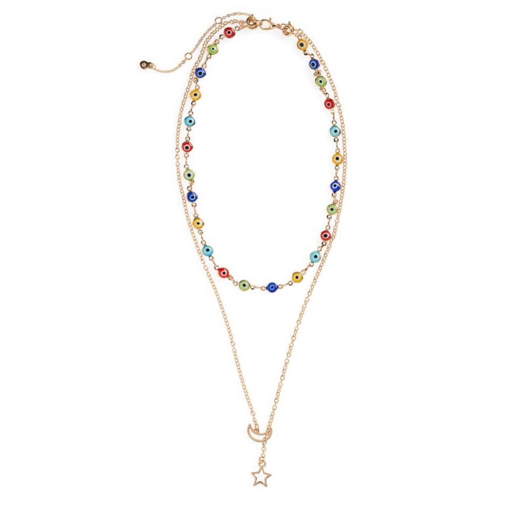 BP. Layered Glass Bead Evil Eye And Moon Star Pull Necklace Set Of 2